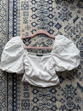 Zara White Puff-Sleeve Square Neck Crop Top
